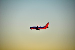 A Southwest plane landing  in Los Angeles